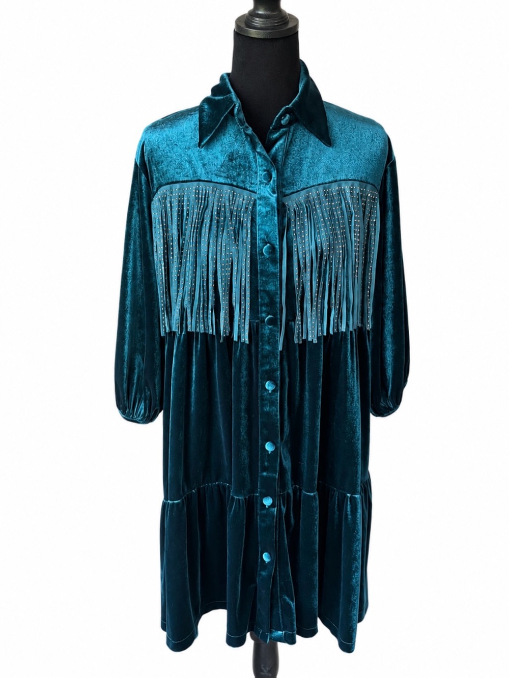 Teal Velvet Stud Fringe Country Concert Midi Dress